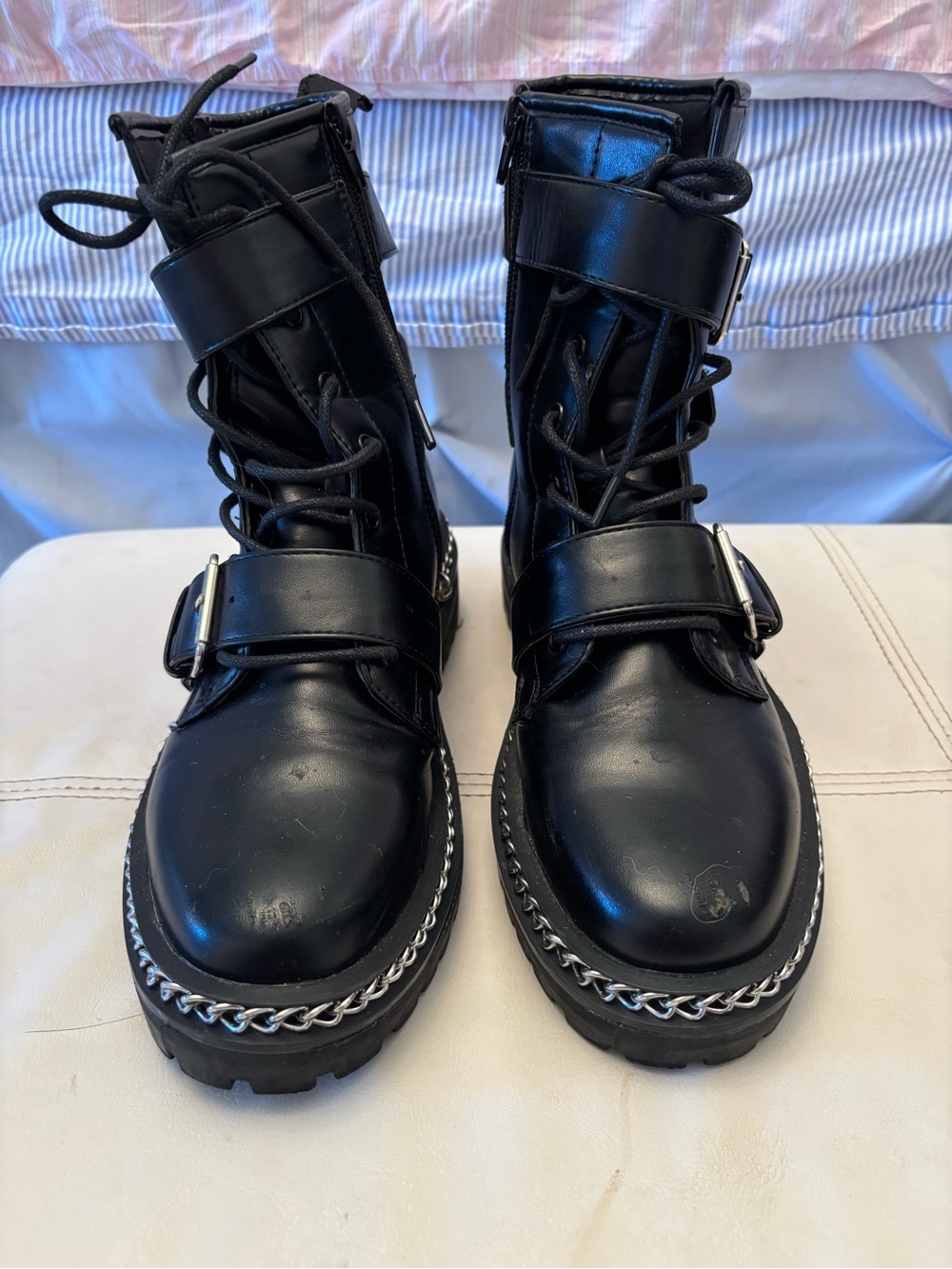 Black Combat Moto Boots with Chain Trim